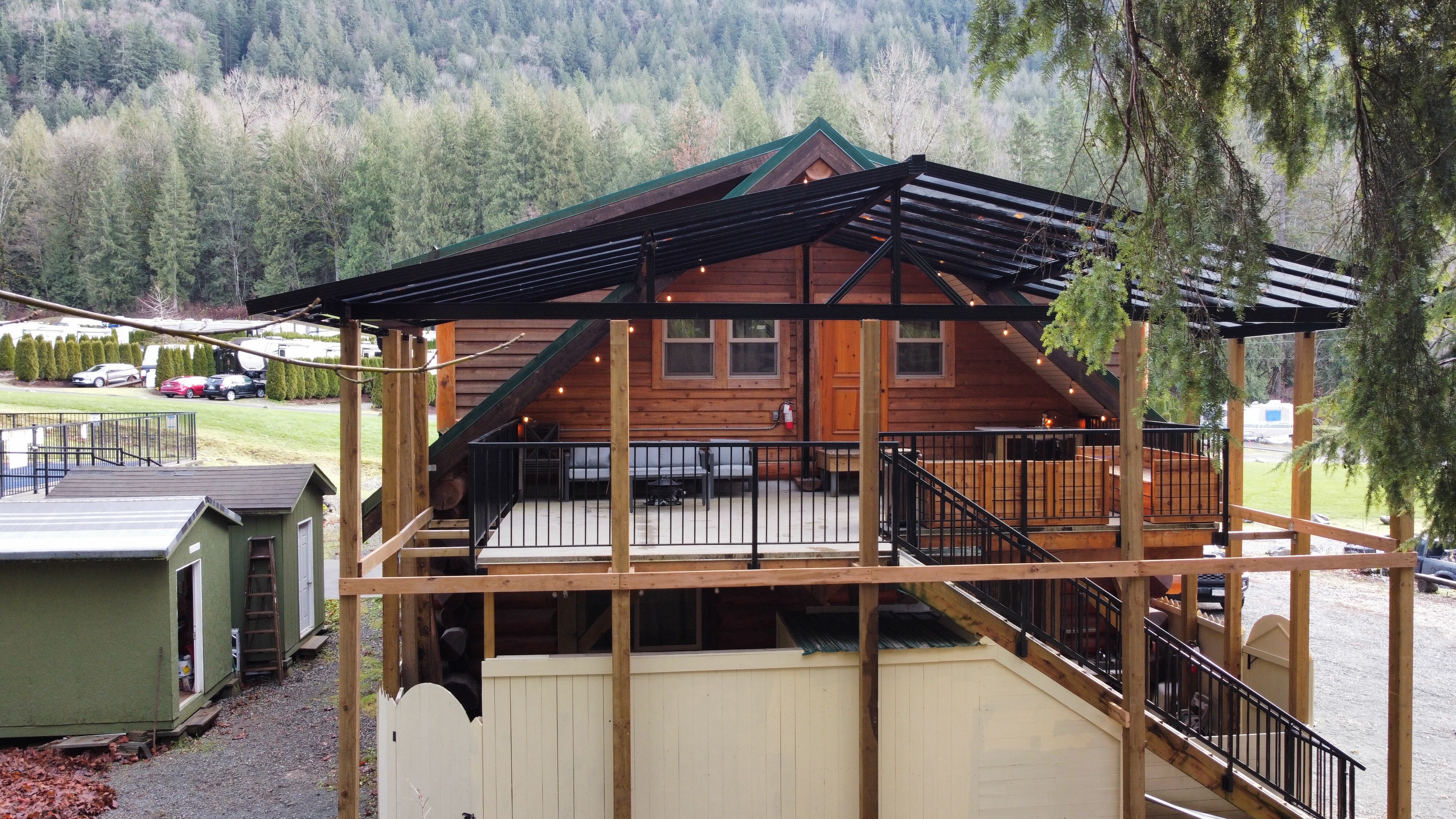 The lodge's second-floor patio and deck looking out over the grounds