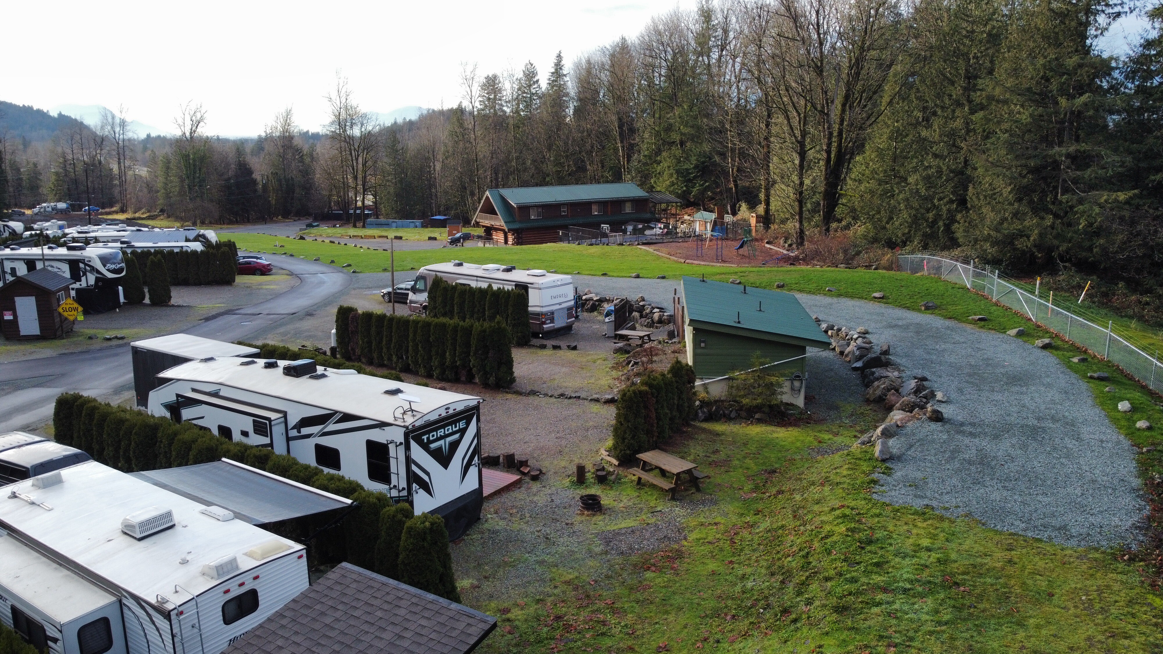 An overview of the serviced RV sites looping through the clearing