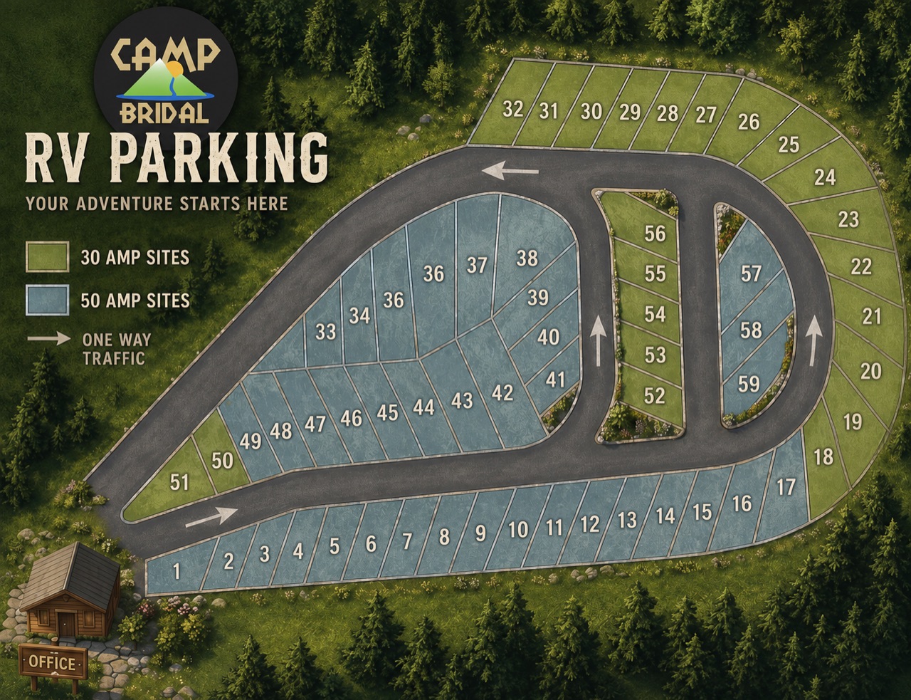 Camp Bridal RV site map: 59 numbered sites looping from the office, with 30 amp and 50 amp sites marked and one-way traffic arrows